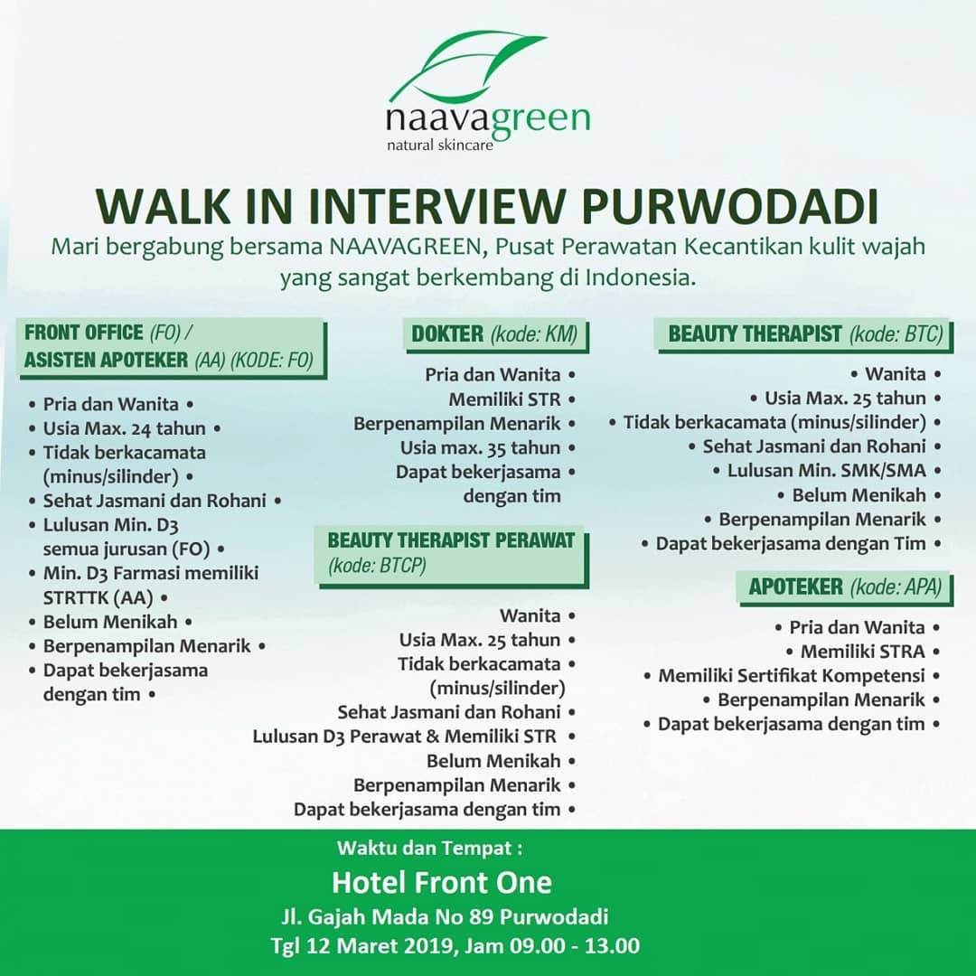 Web penyedia informasi lowongan kerja terupdate dengan tingkat keakuratan 99% hanya di KUDUSKERJA.ID kami tidak mempunyai akun sosial media selain web ini. Lowongan Kerja Kudus Kerja Lowongan Kerja Purwodadi Loker Purwodadi Naavagreen Natural Skincare Purwodadi yang bergerak dalam bidang perawatan kecantikan akan mengadakan walk in interview di Grobogan Purwodadi, informasi lowongan kerja selengkapnya dapat lihat pada gambar dibawah ini Web penyedia informasi lowongan kerja terupdate dengan tingkat keakuratan 99% hanya di KUDUSKERJA.ID kami tidak mempunyai akun sosial media selain web ini. Lowongan Kerja Kudus Kerja Lowongan Kerja Purwodadi Loker Purwodadi Naavagreen Natural Skincare Purwodadi yang bergerak dalam bidang perawatan kecantikan akan mengadakan walk in interview di Grobogan Purwodadi, informasi lowongan kerja selengkapnya dapat lihat pada gambar dibawah ini