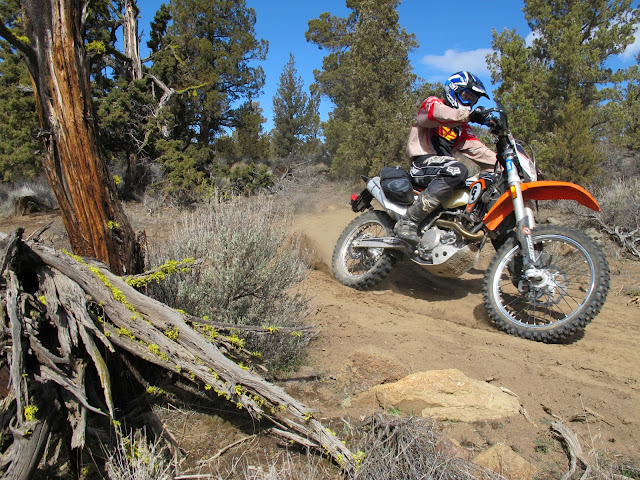 Giant Loop's Dustin Cary roostin' the KTM 500 EXC with MoJavi Saddlebag on trails about 10 minutes ride from the shop.