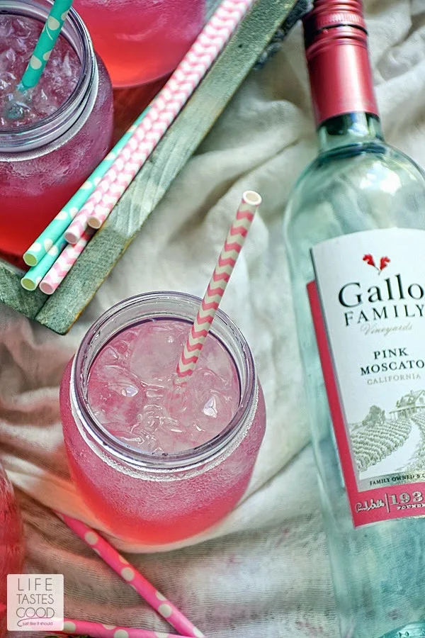 Moscato Pink Lemonade | by Life Tastes Good is a refreshing mixture of Gallo Family Vineyards Pink Moscato, lemon-lime soft drink, and frozen pink lemonade. It is such a pretty color with a sweet and tangy taste, and the perfect way to celebrate National Moscato Day! #SundaySupper #GalloFamily