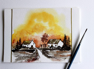 trees,scenery,houses,brush, watercolour