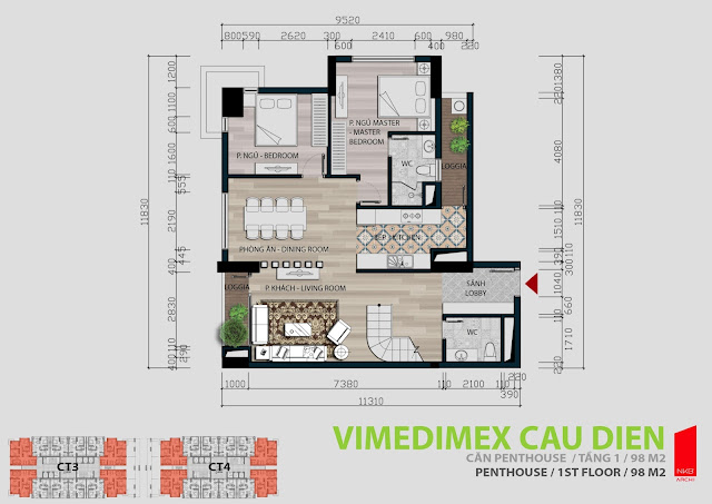 Thiết kế căn hộ Penhouse tầng 1 - 98m2 Thiết kế căn hộ Penhouse tầng 1 - 98m2