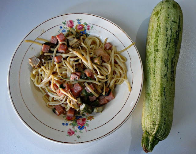 Plato de pastas con salsa y al lado un zucchini entero