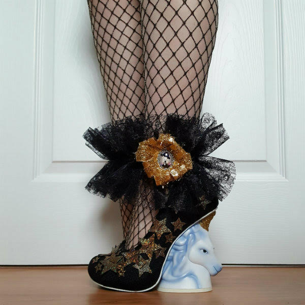 Finished ankle cuff with Irregular Choice unicorn Eternal Friend black ruffled lace ankle cuff worn with gold star shoes with unicorn heel