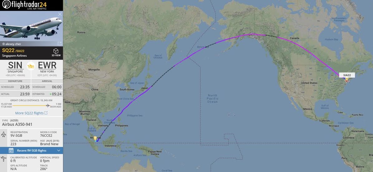 Record per il volo aereo diretto Singapore-New York della Singapore Airlines. Record per il volo aereo diretto Singapore-New York della Singapore Airlines.