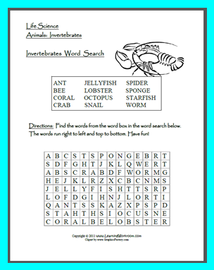 Invertebrate Animals Word Search Puzzle and Craft Activity Freebie