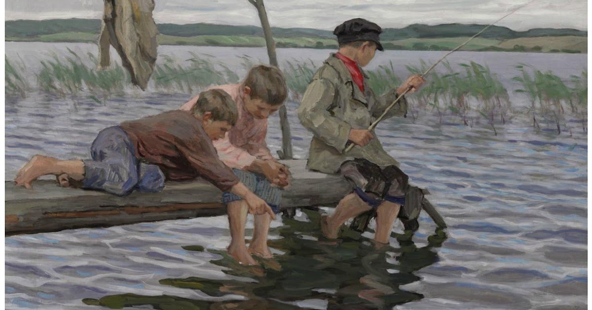 Мальчик ловил рыбу на реке. Богданов Бельский рыболовы.