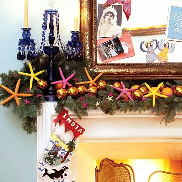 colorful Christmas mantel decor