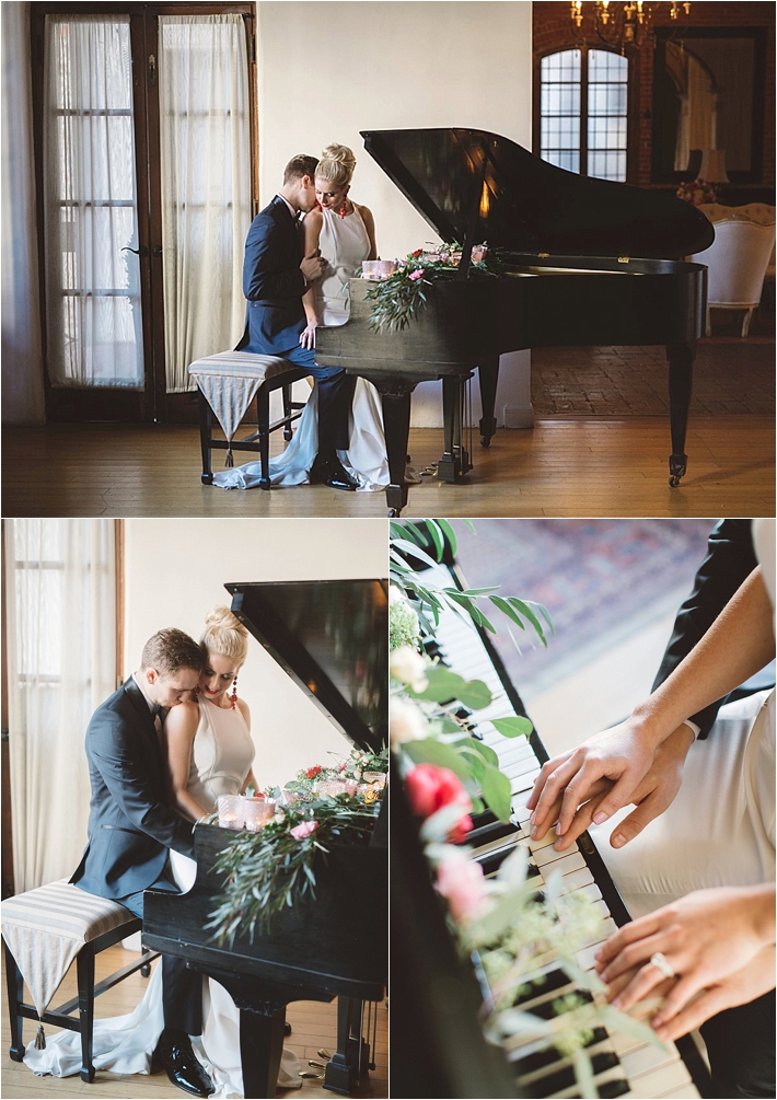 Bride and groom sitting at piano