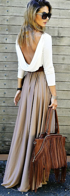 Women's fashion | Backless fold shirt, neutral maxi skirt and fringed ...