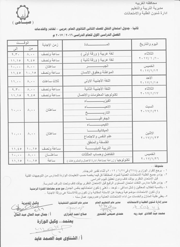 لكل محافظات مصر - جداول امتحانات نصف العام 2017  23