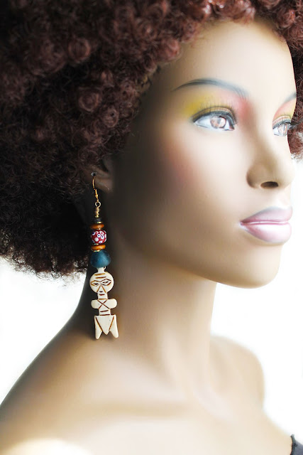 african carved bone akua doll earrings
