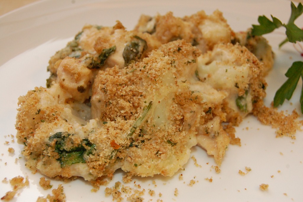 amelia grazia cauliflower, spinach and chicken gratin
