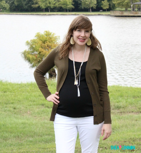 Early fall outfits idea - white jeans, olive cardigan, gold accents. | www.shealennon.com