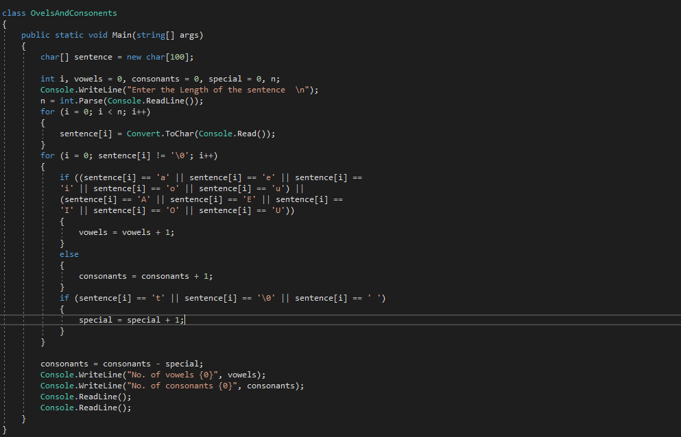 C# Program to count number of Vowels and Consonants in a string - One91