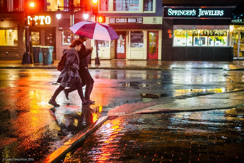 Portland, Maine USA February 2016 photo by Corey Templeton. Rainy evening at Forest Avenue and Congress Street.