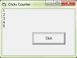 Clicks counter program uses static variable to display the number of clicks