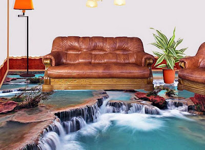 3D living room flooring tiles designs with waterfall mountains and greenery 3D living room flooring tiles designs with waterfall mountains and greenery