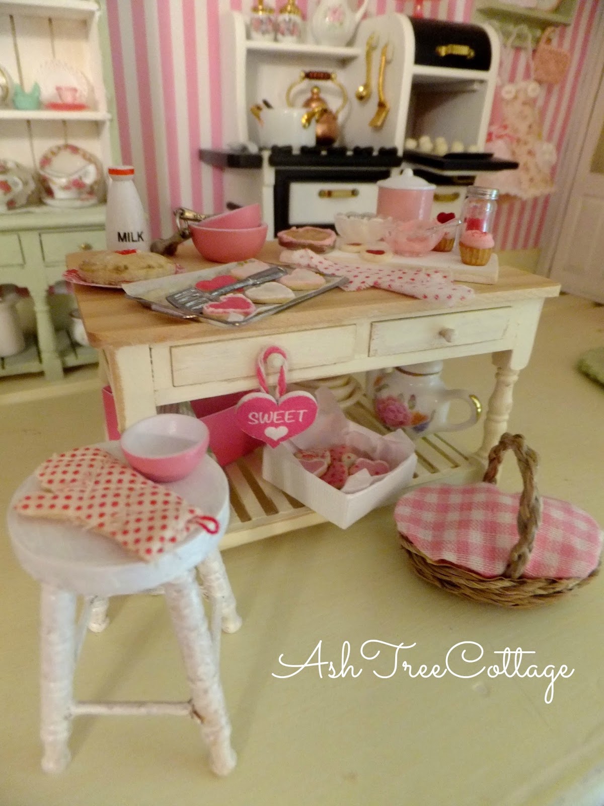 Ash Tree Cottage Valentine Baking in the Miniature Kitchen