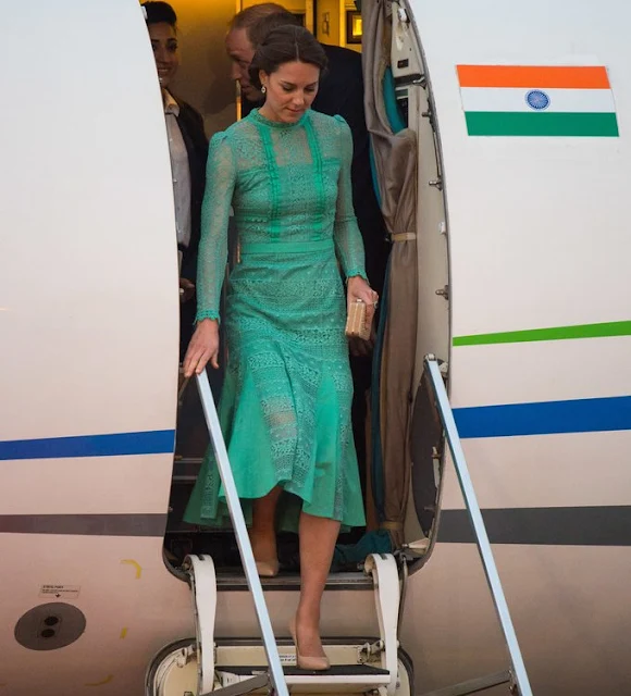 Kete Middleton and Prince William arrive at Tezpur Airport in Assam. Kate wore Temperley London Lace Dress, Kiki earrings, Lk. Bennett cluth and shoes