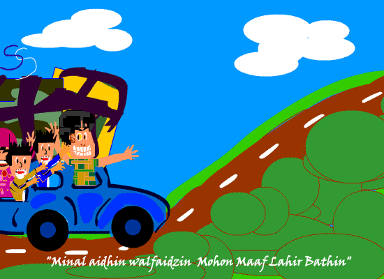 Kartu Ucapan Idul Fitri Animasi Kartun Mudik Naik Mobil Kartu Idul Fitri Animasi