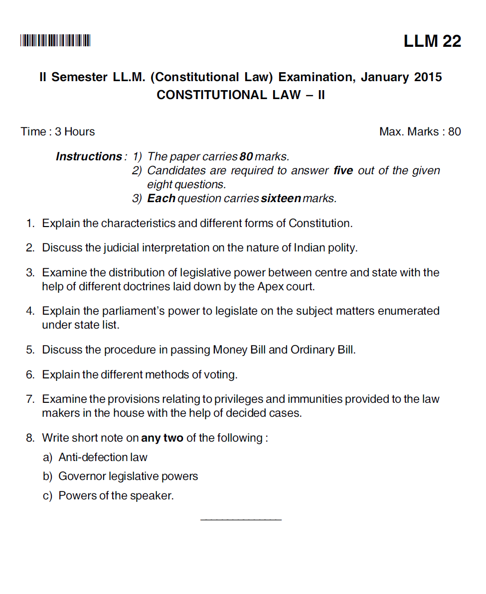KSOU Constitutional Law II Semester LL.M 2015 Question Paper