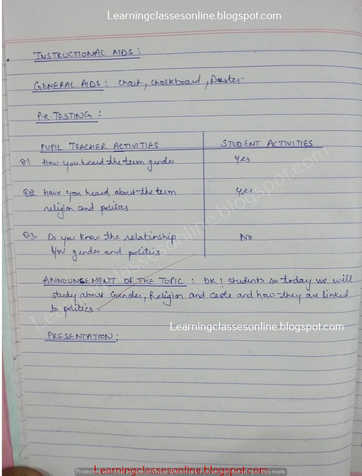 B.Ed Political Science and social science lesson plan for class 6 in English