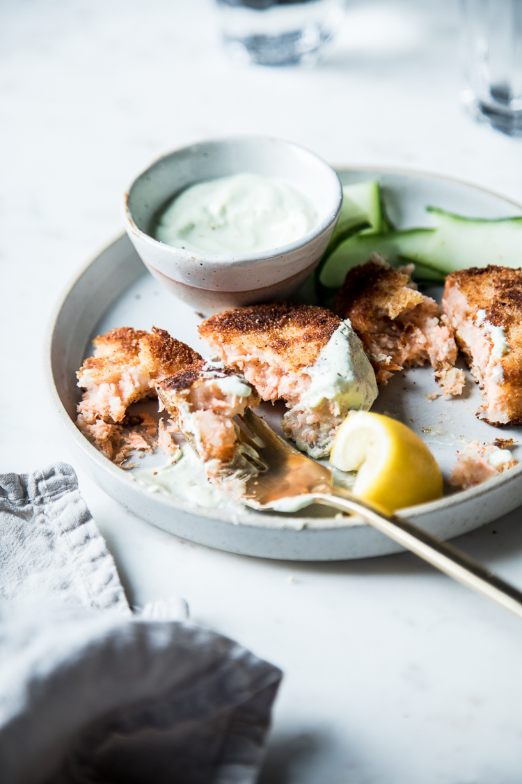 Flourishing Foodie Potato Salmon Cakes with a Garlic and Chive Yogurt