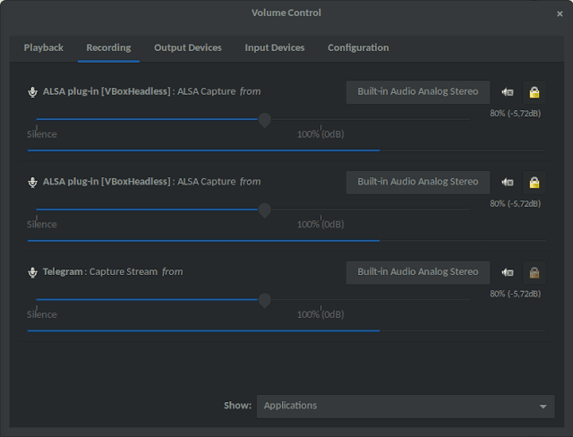 Jendela tab Recording pavucontrol yang menunjukkan Telegram Desktop merekam suara bukan dari perangkat loopback