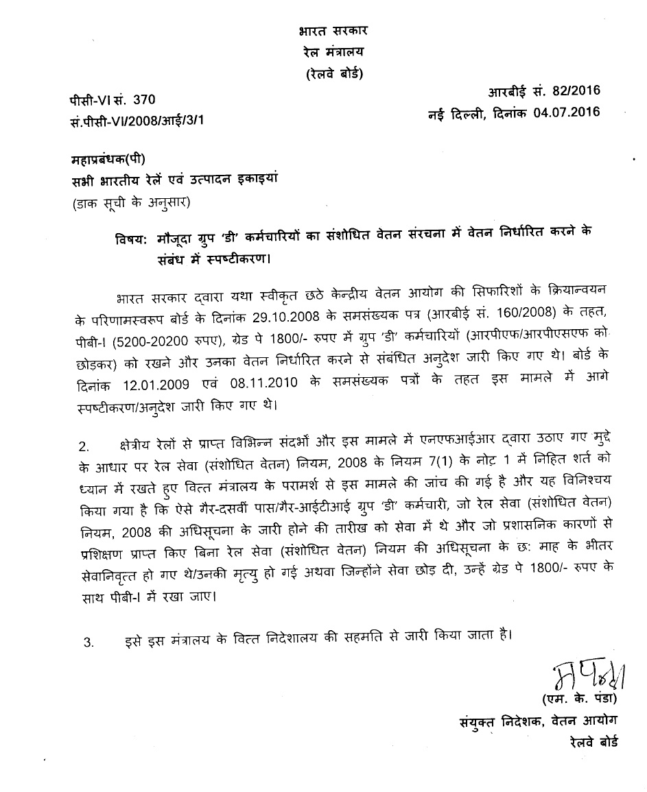 Fixation of pay of existing Group ‘D’ employees in the revised pay