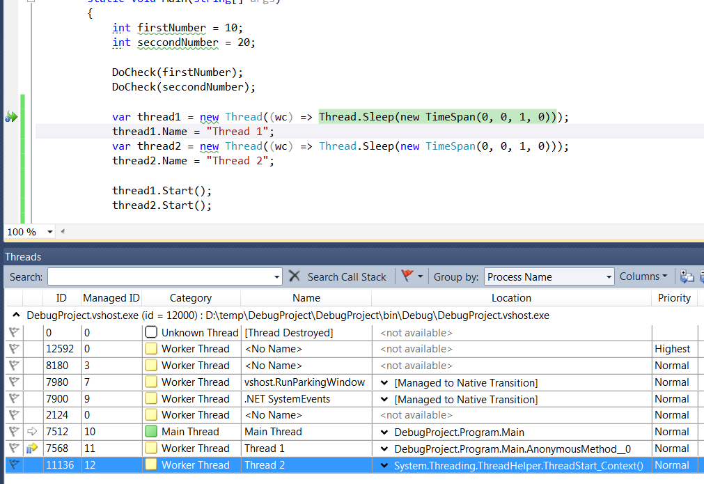 Debugging multithreaded applications in Visual Studio