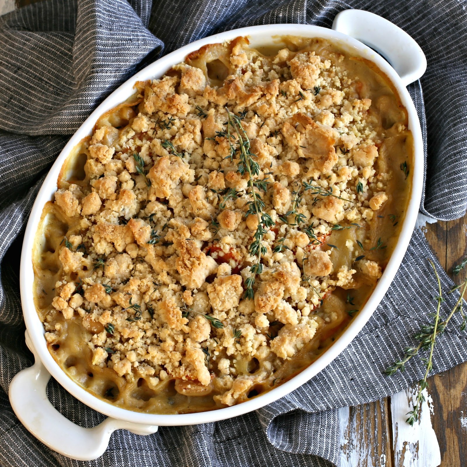 Vegetarian white bean casserole with a savory crumb topping.