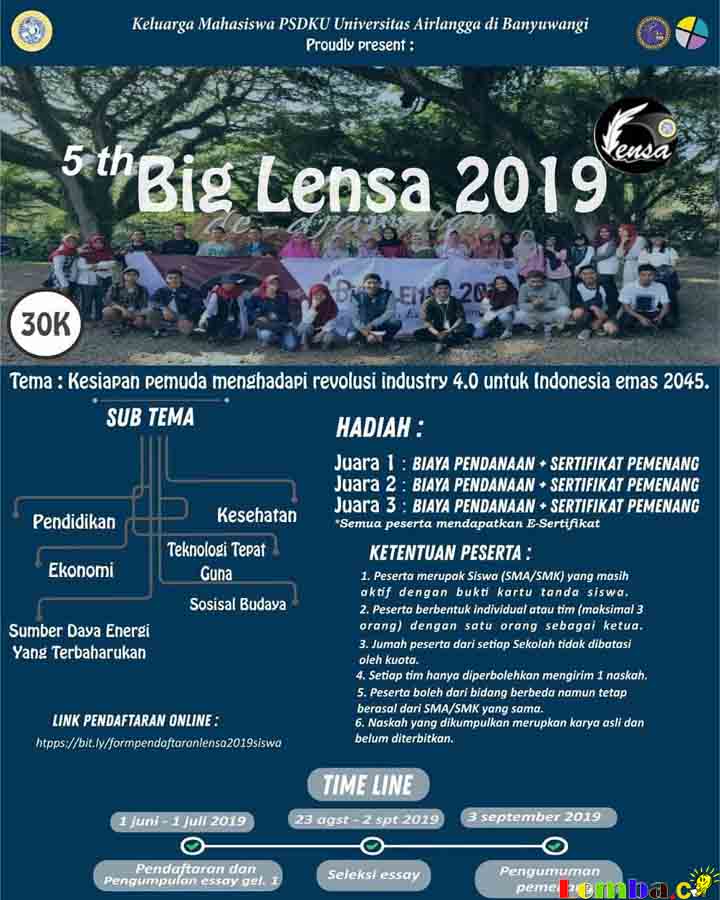 Lomba Essay Nasional 5th Big Lensa 2019 Untuk Mahasiswa
Lomba Essay Nasional 5th Big Lensa 2019 Untuk Mahasiswa