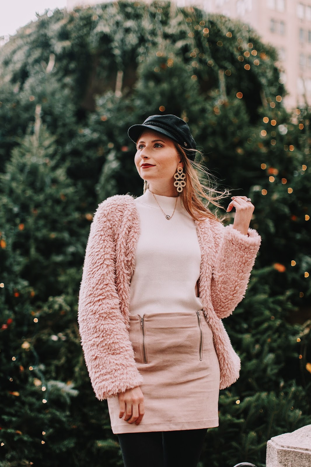 Affordable by Amanda Pink Fuzzy Coat by SheInside + Baker Boy Hat