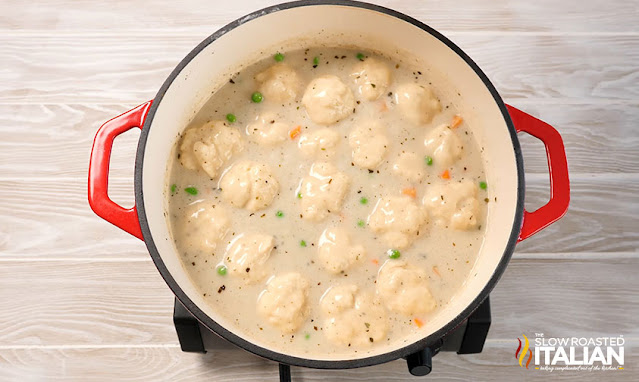 chicken and dumplings in Dutch oven on a stove top