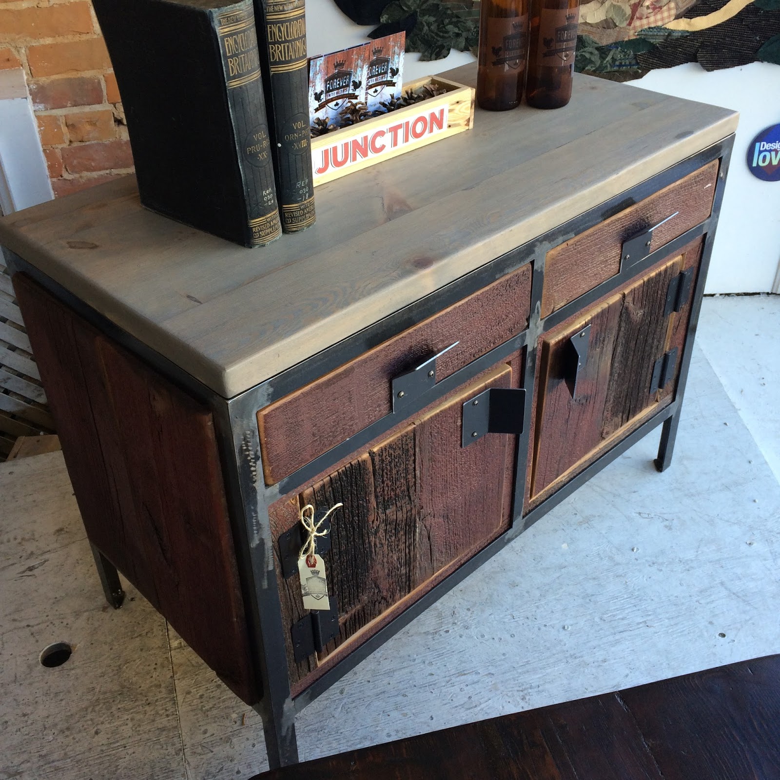 Forever Interiors Cabinets Here Is A Cabinet Made From Reclaimed Wood Barn Board With Two Drawers Metal Frame And Grey Stained Top The Gives This Piece