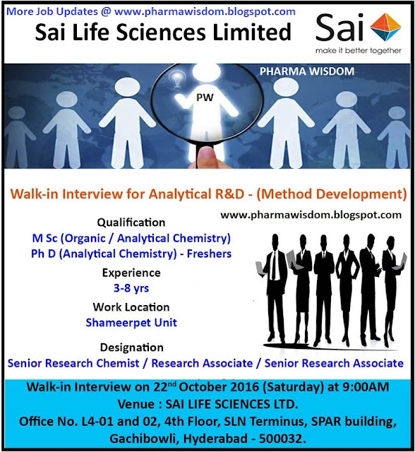 Sai Life Sciences Limited WalkIn Interview for Analytical R&D on