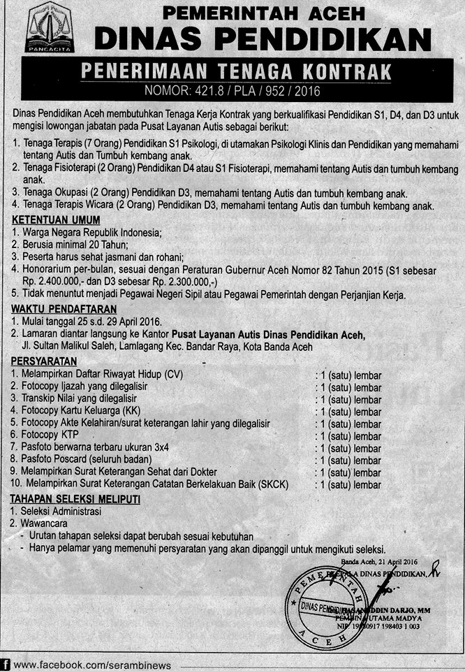 PEMERINTAH ACEH - TENAGA KONTRAK DINAS PENDIDIKAN ACEH untuk D3,D4 dan S1 PEMERINTAH ACEH - TENAGA KONTRAK DINAS PENDIDIKAN ACEH untuk D3,D4 dan S1