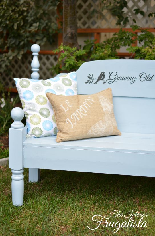 How to repurpose a thrift store double headboard and footboard set into a lovely outdoor bench for two with handmade "growing old together" graphic.