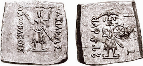 Bronze coin issued by the Indo-Greek ruler Agathocles (c.180-165 BC), depicting Balarama and Krishna