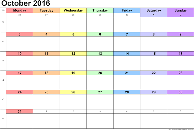 October 2016 Printable Calendar Landscape, October 2016 Blank Calendar, October 2016 Planner Cute, October 2016 Calendar Download Free