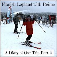Finnish Lapland with Reima Part 2 Boy with skis on a ski slope with title overlaid.