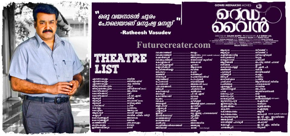 Mohanlal's Red Wine Theater List | Fahad Fazil's Red Wine Releasing Centers | Red Wine Releasing Centers | Asif Ali's Red Wine