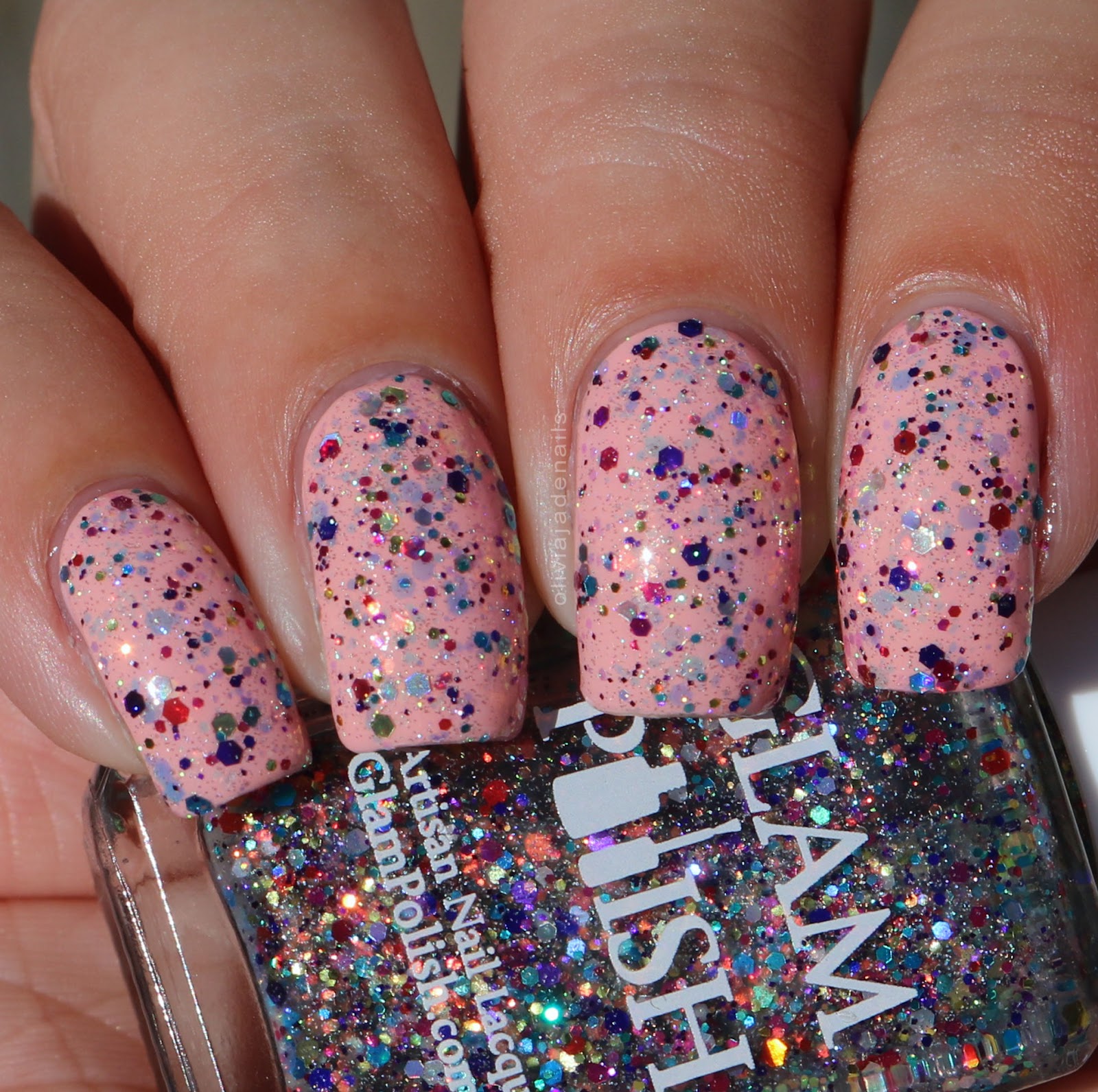 Glam Polish Chasing All The Lights That Shine (over Essie Excuse Me, Sur) swatched by Olivia Jade Nails