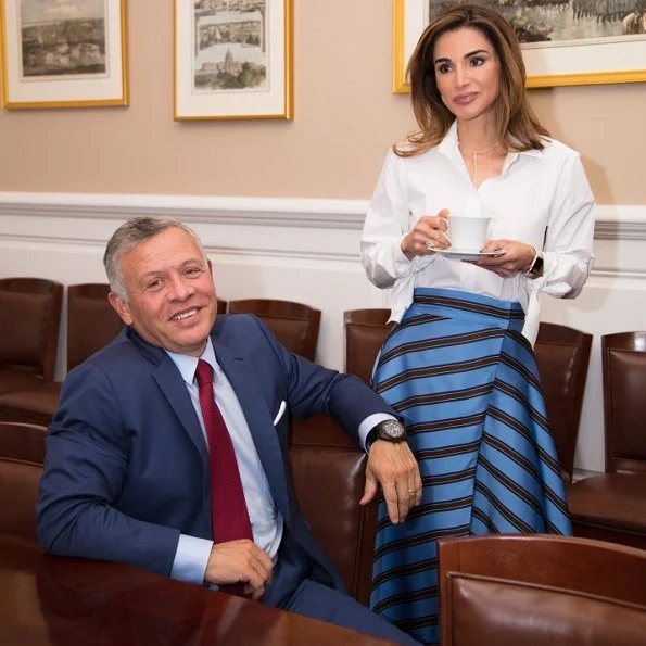 Queen Rania wore a striped satin wrap midi skirt by FENDI. Queen Rania attended a meeting with House Foreign Affairs Committee Chairman Ed Royce