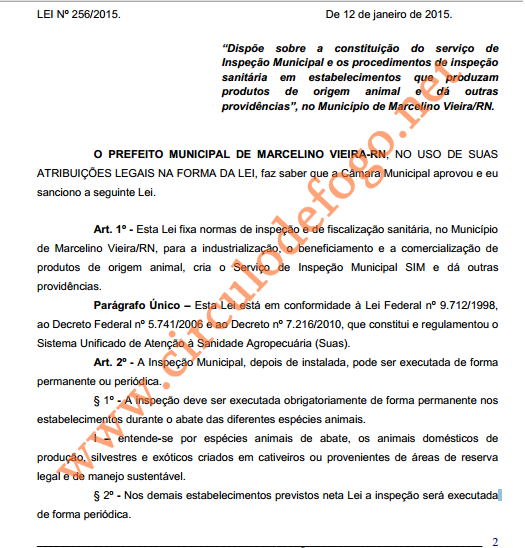 Prefeito de Marcelino Vieira sancionou a lei N° 256/2015 que cria o Serviço de Inspeção Sanitária no Município