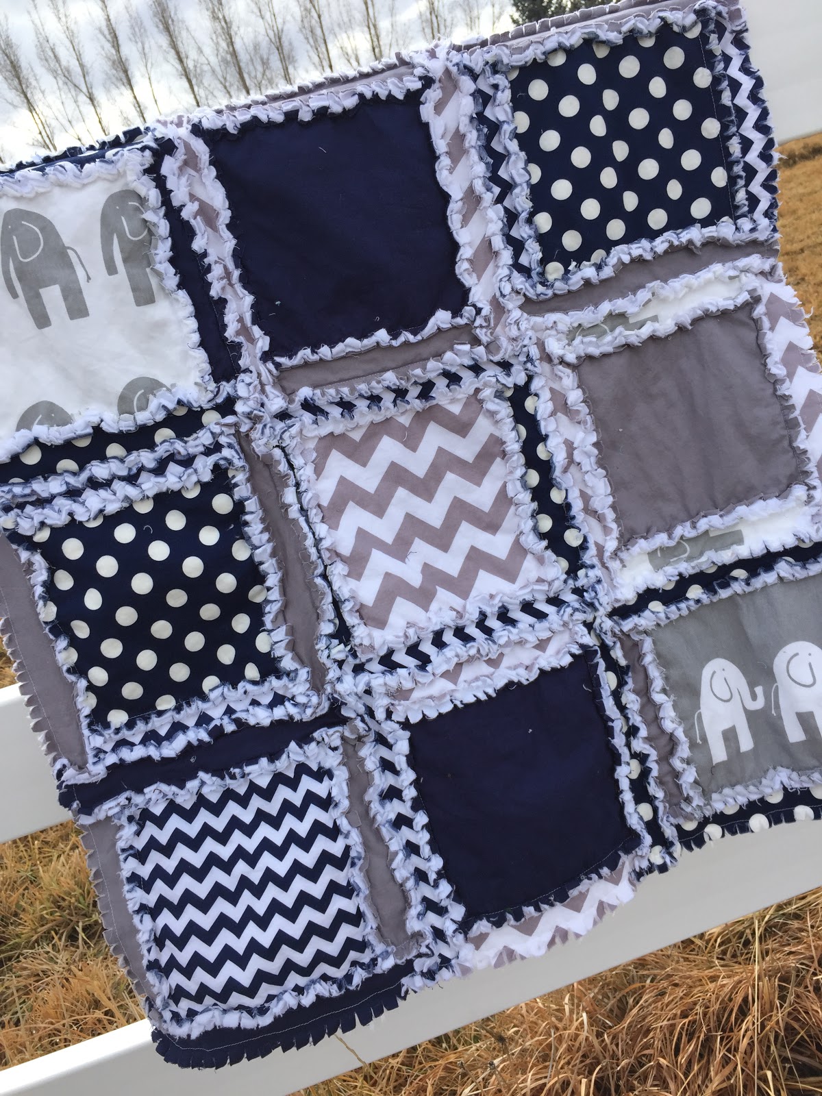 Navy Blue and Gray Elephant Rag Quilt A Vision to Remember All Things