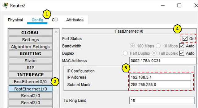 Router2 konfigurasi interface FastEthernet1/0 menggunakan GUI