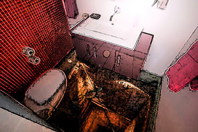 A disorientating digitally altered photo looking down into an empty toilet cubicle. 