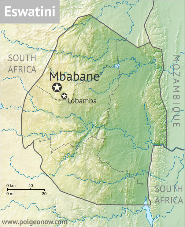 Topographic map of Eswatini (Swaziland), showing terrain, rivers, bordering countries, and capital cities.