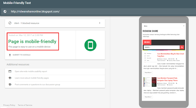 Hasil test situs mobile friendly